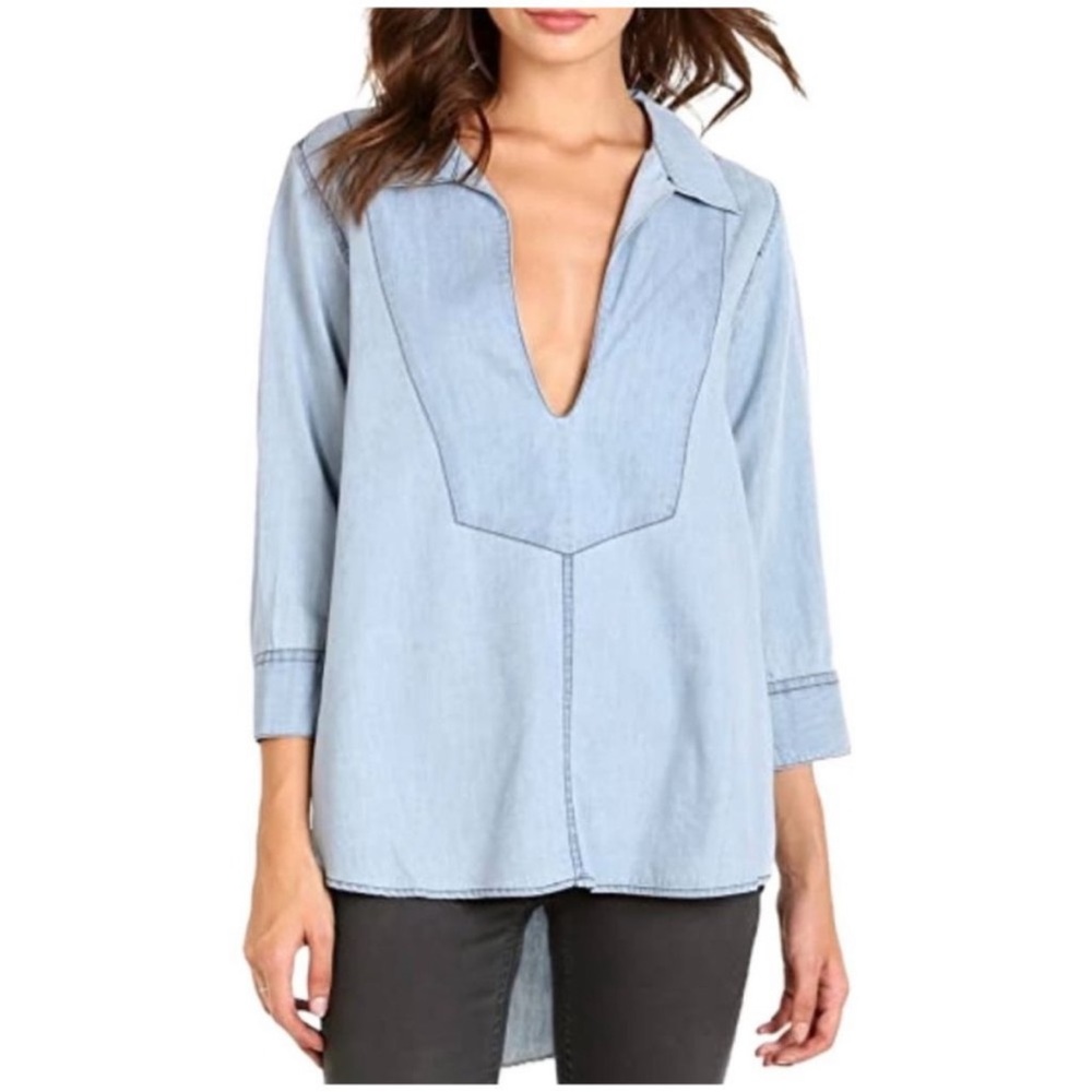 One Teaspoon Size XS Dallas Le Pure V-Neck High Low Chambray Top Shirt NWT